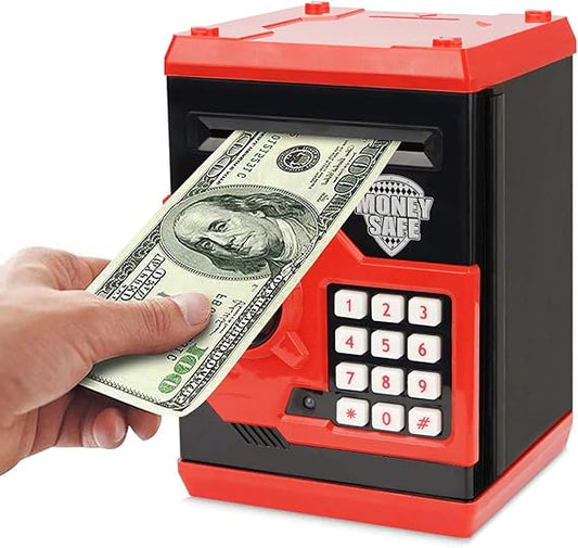 Adevena Electronic Piggy Bank, Mini ATM Password Money Bank Cash Coins Saving Box for Kids, Cartoon Safe Bank Box Perfect Toy Gifts for Boys Girls (Red)