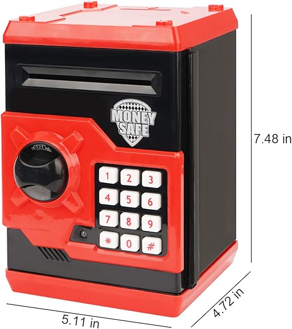 Adevena Electronic Piggy Bank, Mini ATM Password Money Bank Cash Coins Saving Box for Kids, Cartoon Safe Bank Box Perfect Toy Gifts for Boys Girls (Red)