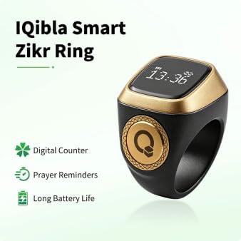 iQIBLA Smart Tasbih Zikr Ring- Muslim Prayer- Prayer timing reminder- OLED display- Tasbih Counter- Smart Ring- Wearable Technology- Waterproof Black 22mm- E0120BK- 20mm- USB