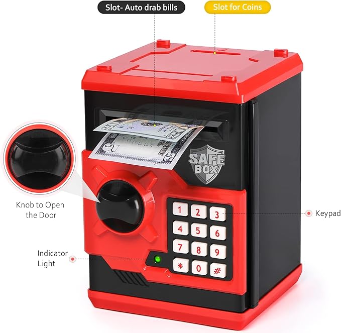 Adevena Electronic Piggy Bank, Mini ATM Password Money Bank Cash Coins Saving Box for Kids, Cartoon Safe Bank Box Perfect Toy Gifts for Boys Girls (Red)