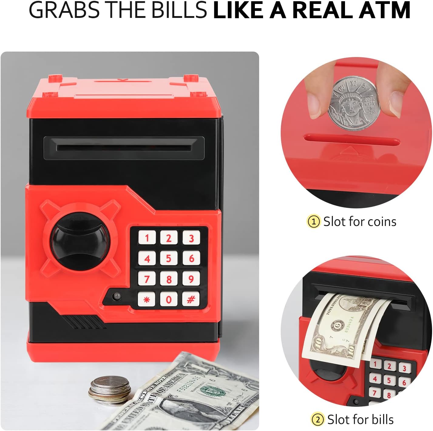 Adevena Electronic Piggy Bank, Mini ATM Password Money Bank Cash Coins Saving Box for Kids, Cartoon Safe Bank Box Perfect Toy Gifts for Boys Girls (Red)