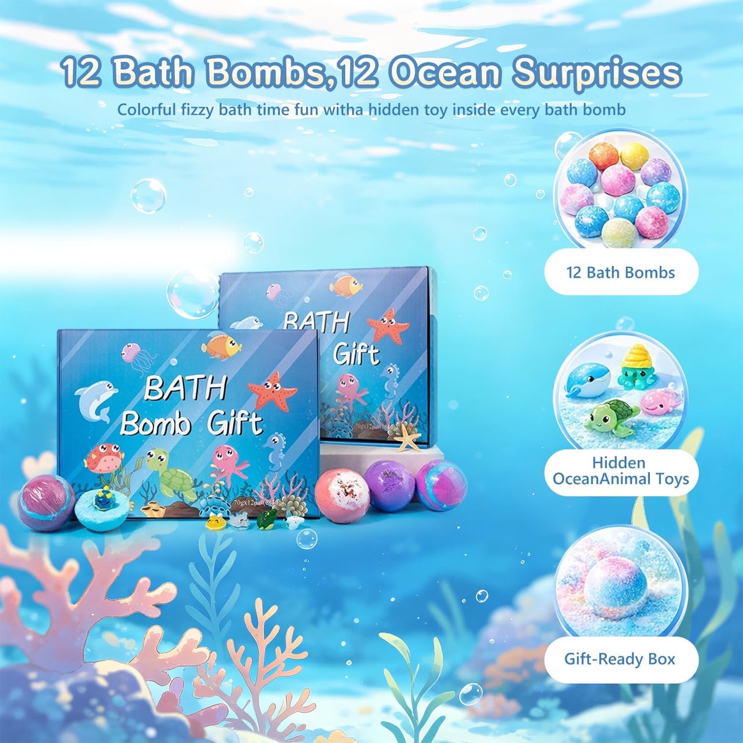 Kids Surprise Bath Bombs with Hidden Toys | Ocean Series Rainbow Fizzing Bath Balls (12-Pack)