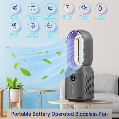 Bladeless Fan Table Fan With 4 LED Night Light Rechargeable Battery 3 Speeds Touch Control Portable Desk Fan Tower Fan With Remote Control Cooling Fan With Touch Control Floor Fan TB-960