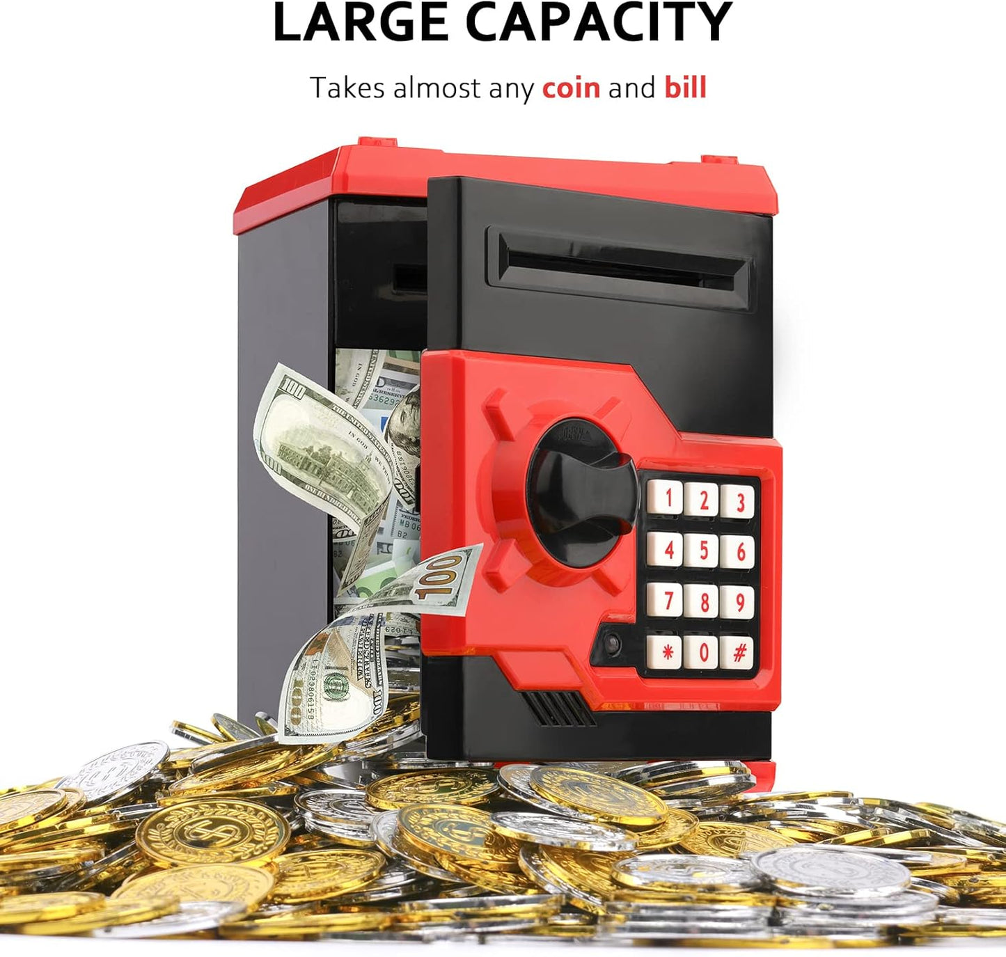 Adevena Electronic Piggy Bank, Mini ATM Password Money Bank Cash Coins Saving Box for Kids, Cartoon Safe Bank Box Perfect Toy Gifts for Boys Girls (Red)