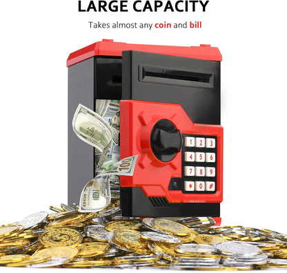 Adevena Electronic Piggy Bank, Mini ATM Password Money Bank Cash Coins Saving Box for Kids, Cartoon Safe Bank Box Perfect Toy Gifts for Boys Girls (Red)