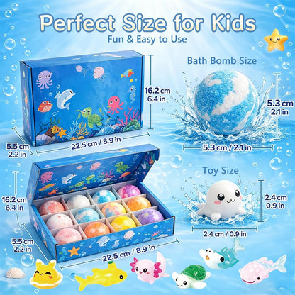 Kids Surprise Bath Bombs with Hidden Toys | Ocean Series Rainbow Fizzing Bath Balls (12-Pack)