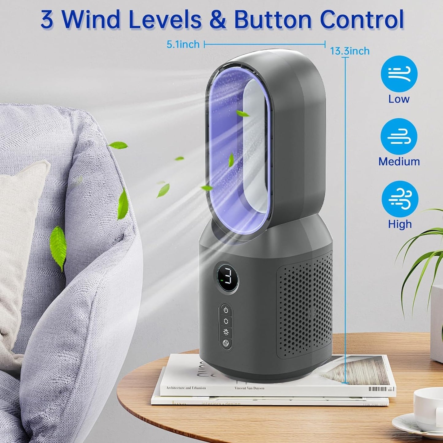 Bladeless Fan Table Fan With 4 LED Night Light Rechargeable Battery 3 Speeds Touch Control Portable Desk Fan Tower Fan With Remote Control Cooling Fan With Touch Control Floor Fan TB-960