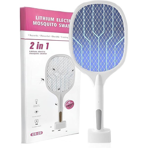 HOUMT 2 in 1 Dual Modes Electric Bug Zapper Racket, Fly Killer Mosquito Killer with Purple Light for Home Fly Swatter Fly Zapper for Bedroom Kitchen Office Mosquito Swatter for Backyard Patio Camping